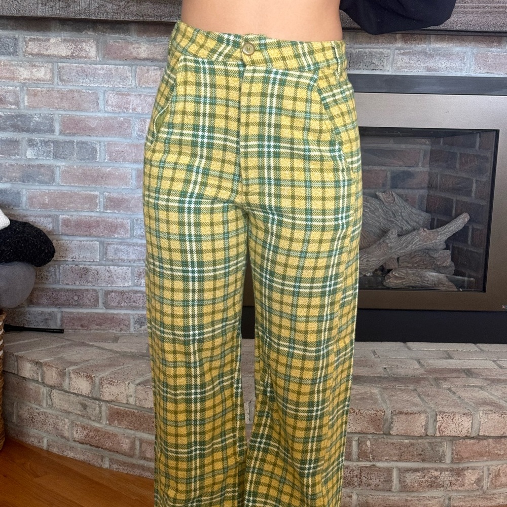 Free People Yellow and Green Plaid Flare Pants